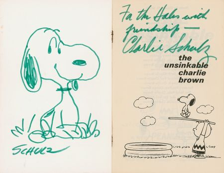 Lot #738 Charles Schulz: Renowned 20th Century cartoonist twice-signed The Unsinkable Charlie Brown … and draws Snoopy! - Image 1