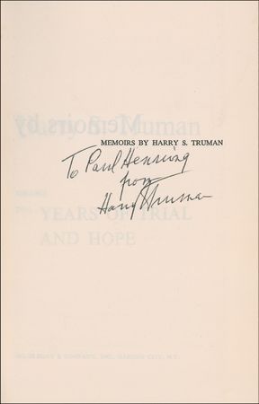Lot #141 Harry S. Truman: Truman signs his memoirs for Beverly Hillbillies producer Paul Henning - Image 1
