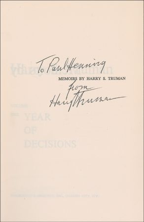 Lot #141 Harry S. Truman: Truman signs his memoirs for Beverly Hillbillies producer Paul Henning - Image 2