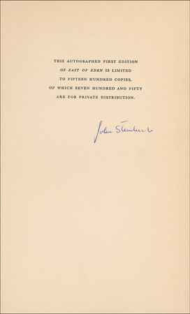 Lot #709 John Steinbeck: Signing a rare and very limited first edition of East of Eden - Image 1