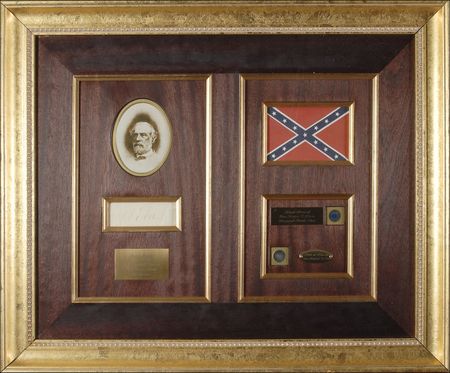Lot #437 Robert E. Lee: Beautifully displayed Lee signature accompanied by a lock of his hair, and a swatch from his actual ?battle flag? - Image 1