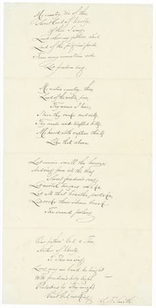 Lot #706 Samuel Francis Smith: Smith pens all four stanzas of ?America,? and includes a letter stating: ?I have never, under any circumstances, received pay for autographs of ?America?? - Image 1