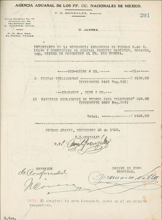 Lot #375 Francisco “Pancho” Villa: Two rare signed Pancho Villa documents and 35 telegrams - Image 1