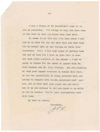 Lot #282 Joseph Kennedy, Sr: Denied asylum from Hitler’s Holocaust, Kennedy hopes to “save some of the Jews on that ill-fated ship land here” - Image 2