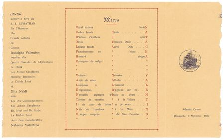 Lot #1241 Rudolf Valentino and Nita Naldi: Aboard the SS Leviathan, Valentino and Naldi sign a charming dinner menu - Image 3