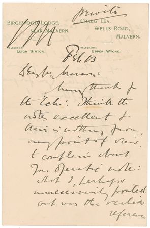 Lot #815 Edward Elgar Handwritten Letter Signed - Image 1