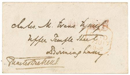 Lot #601. Charles Dickens: Attractive envelope signed and addressed by Dickens to an officer of a Birmingham theatre