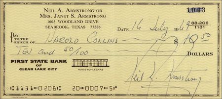 Lot #478 Neil Armstrong: On the very morning of his historic launch, the first man on the moon settles a debt but assuredly jests, 