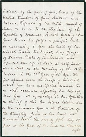 Lot #345 Victoria: Gorgeously signed request to mourn the death of cousin King George of Hanover - Image 2