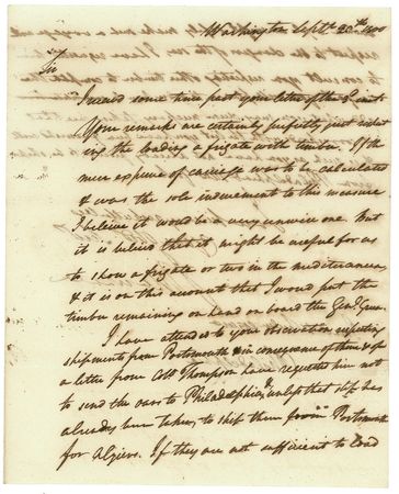 Lot #279 John Marshall: Amidst US attempts to thwart Barbary pirate attacks, Secretary of State Marshall sagely observes, “it might be useful for us to show a frigate or two in the Mediterranean” - Image 1