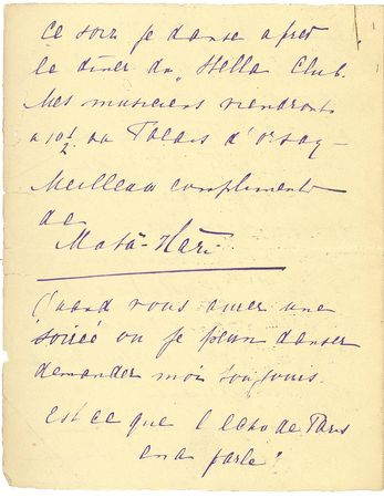Lot #280 Mata Hari: The notorious German spy writes on performing for female spectators: “I don’t know why but I feel ill at ease, a feeling I do not otherwise experience…They are moved by what leaves you cold and vice versa” - Image 4