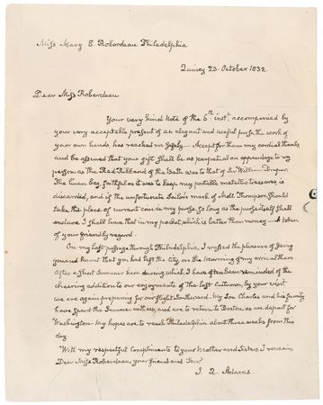 Lot #3 John Quincy Adams: Adams sends thanks to a
