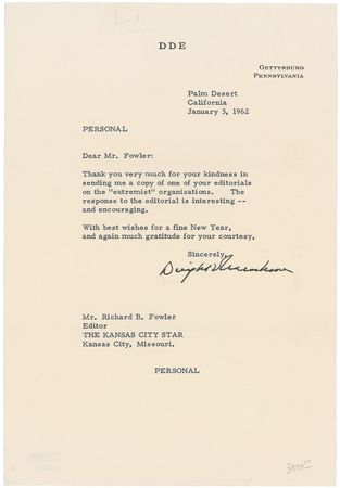 Lot #30 Dwight D. Eisenhower: Eisenhower sends