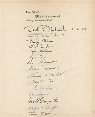 Lot #492 Astronauts: Over 30 astronauts honor their fallen comrade, Ted Freeman, including all of the Mercury 7, 8 Moonwalkers, and the Apollo 01 crew - Image 2