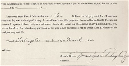 Lot #1213 Marilyn Monroe: Norma Jean signs a $10 model release for her early photographer, Earl Moran - Image 2