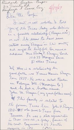 Lot #100 Ronald Reagan: “I can’t recall whether I told you of the Texas lady who believes in a possible relationship (Reagan side) or not” - Image 1