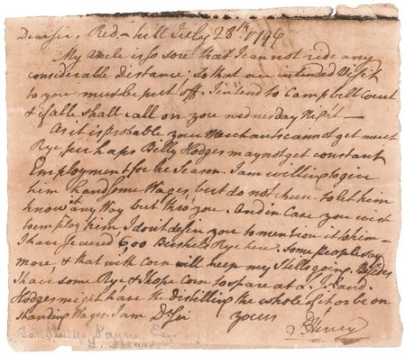 Lot #241 Patrick Henry: Henry writes to his neighbor concerning supplies of rye and corn for his distillery, only months before the Whiskey Rebellion in western Pennsylvania - Image 1