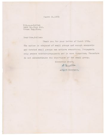 Lot #208 Albert Einstein: ?Propaganda only evokes counter-propaganda and is soon forgotten? - Image 1