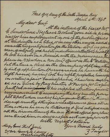 Lot #128 Zachary Taylor: ?Old Rough and Ready? seeks a position for a soldier who ?lost his arm in a skirmish with the Indians? - Image 2