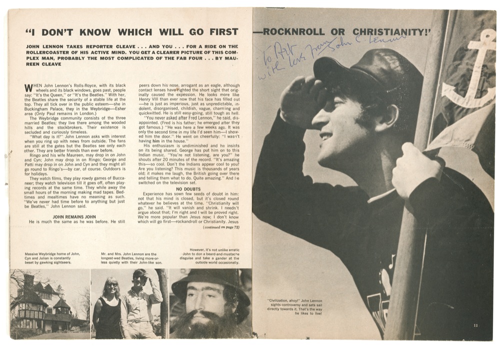 Lot 757 Beatles: John Lennon: Signing the notorious ?Bigger Than Jesus? article, Lennon fans the flames by adding ?C? as his middle initial