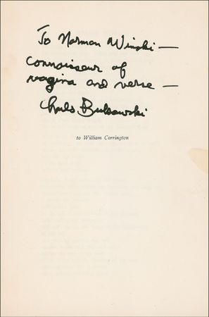 Lot #509 Charles Bukowski: Bukowski inscribes to a “connoisseur of vagina and verse” - Image 1