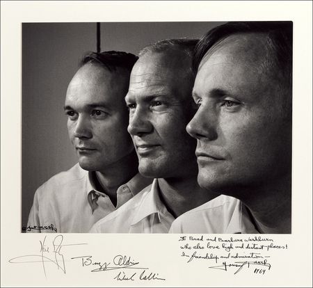 Lot #381 Apollo 11: Magnificent Karsh Apollo 11 portrait signed by the crew and photographer, presented to longtime Boston Museum of Science Director, Brad Washburn - Image 1