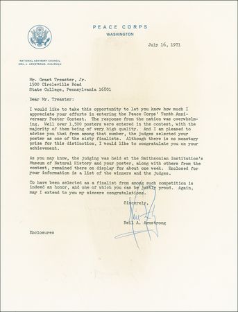 Lot #402 Neil Armstrong: An aspiring artist receives good news from Peace Corps Chairman Armstrong - Image 1