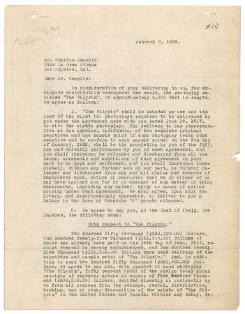 Lot #946 Charlie Chaplin: The soon to be independent legendary film maker signs his final contract with First National Pictures - Image 1