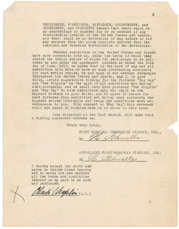 Lot #946 Charlie Chaplin: The soon to be independent legendary film maker signs his final contract with First National Pictures - Image 2