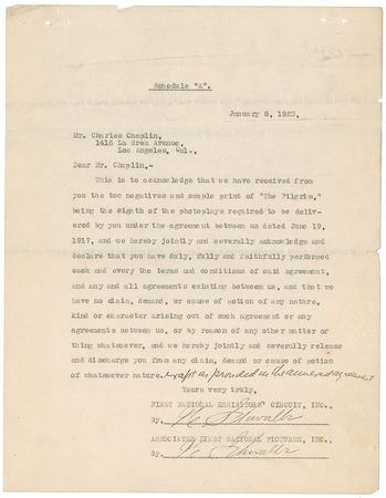 Lot #946 Charlie Chaplin: The soon to be independent legendary film maker signs his final contract with First National Pictures - Image 4
