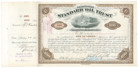Lot #256 John D. Rockefeller and Henry Flagler: 1887 Standard Oil stock certificate signed by Rockefeller and Flagler - Image 1