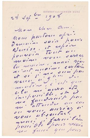 Lot #576 Claude Monet: Monet hopes to be “able to at least shake your hand but nothing is less certain,” as he leaves Venice - Image 1