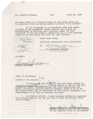 Lot #702 Bernard Herrmann Signed Document - Image 2
