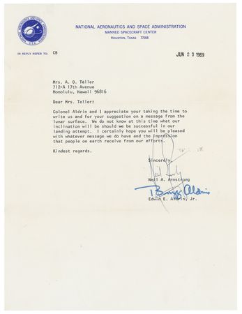 Lot #396 Neil Armstrong and Buzz Aldrin: In a remarkable pre-launch NASA letter, Armstrong has not yet composed his timeless message for the ?people of the earth