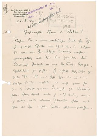 Lot #254 Max Planck: Planck sends gracious thanks to a prominent couple for donating a portrait of him - Image 1