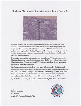 Lot #482 Al Worden: Stellar flight flown lunar map from the collection of Dave Scott - Image 2