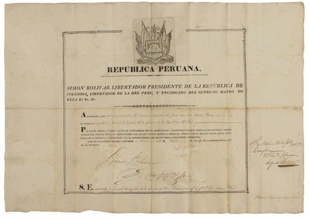 Lot #117 Simon Bolivar and Antonio de Sucre: Military promotion signed by Bolivar and de Sucre - Image 1