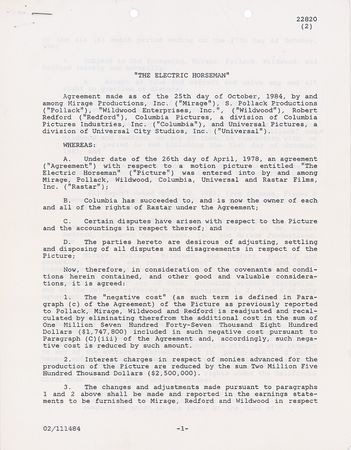 Lot #1261 Robert Redford and Sydney Pollack Signed Document - Image 1