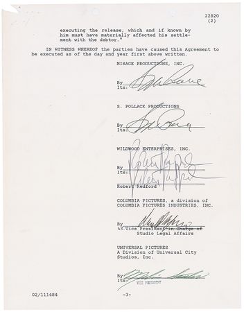 Lot #1261 Robert Redford and Sydney Pollack Signed Document - Image 2