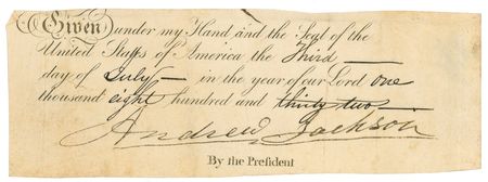 Lot #36 Andrew Jackson Signed Document