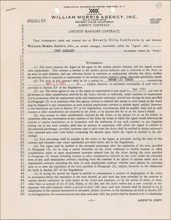 Lot #891 Judy Garland: Garland signs with William Morris just before her historic Palace Theater engagement - Image 1