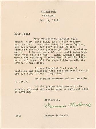 Lot #532 Norman Rockwell: Rockwell questions his collaborator’s possible conflict of interest: “I do not know if…the Saturday Evening Post like the idea” - Image 2