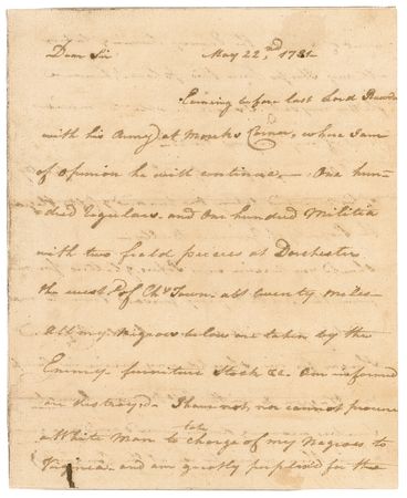 Lot #319 Isaac Huger: ?I have not, nor cannot procure a White Man to take charge of my Negroes to Virginia and am greatly perplexed? - Image 1