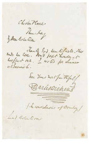 Lot #475. Charles Dickens: &ldquo;In convulsions of Dombey,&rdquo; Dickens looks forward to a convivial luncheon