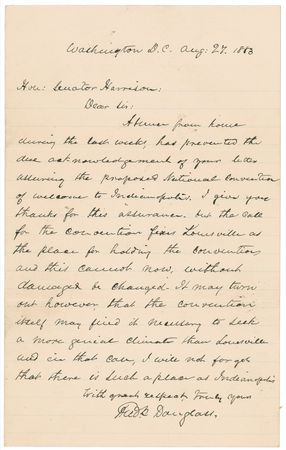 Lot #179 Frederick Douglass: Douglass acknowledges Benjamin Harrison?s suggestion of ?a more genial? location for holding what the press referred to as a ?convention of colored men? - Image 1