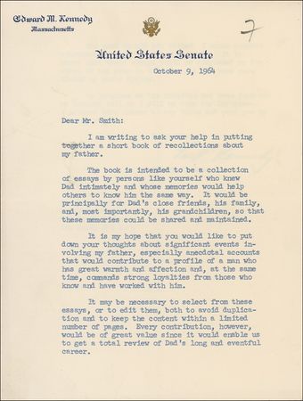 Lot #234 Ted Kennedy: Badly injured, Ted Kennedy stays busy with plans to commemorate his father - Image 1