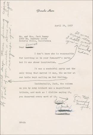 Lot #953 Groucho Marx and Jack Benny: Comedians joust as Benny jabs Groucho: ?If you would keep those f***ing cigars out of your mouth?someone might recognize you? - Image 1