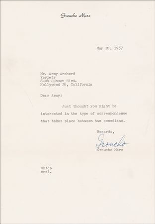 Lot #953 Groucho Marx and Jack Benny: Comedians joust as Benny jabs Groucho: ?If you would keep those f***ing cigars out of your mouth?someone might recognize you? - Image 2