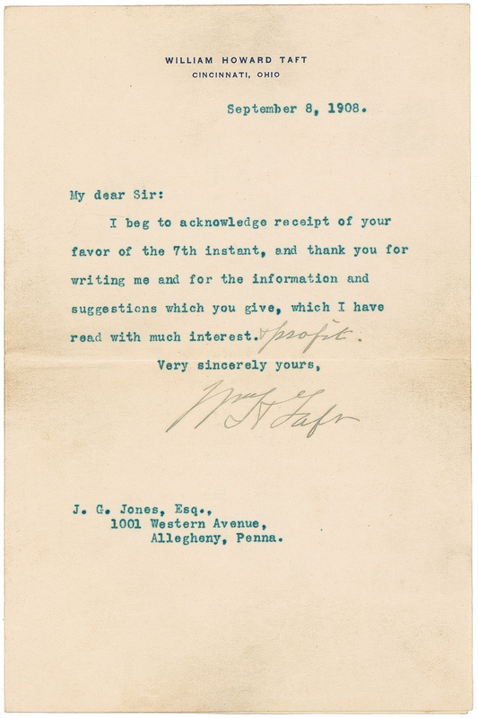 Lot 115 William H. Taft Typed Letter Signed