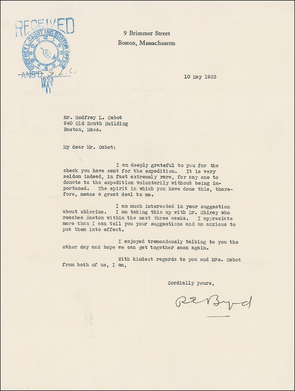 Lot 142 Richard E. Byrd: Byrd gratefully accepts an expedition donation: “It is very seldom indeed, in fact extremely rare, for anyone to donate to the expedition voluntarily without being importuned”